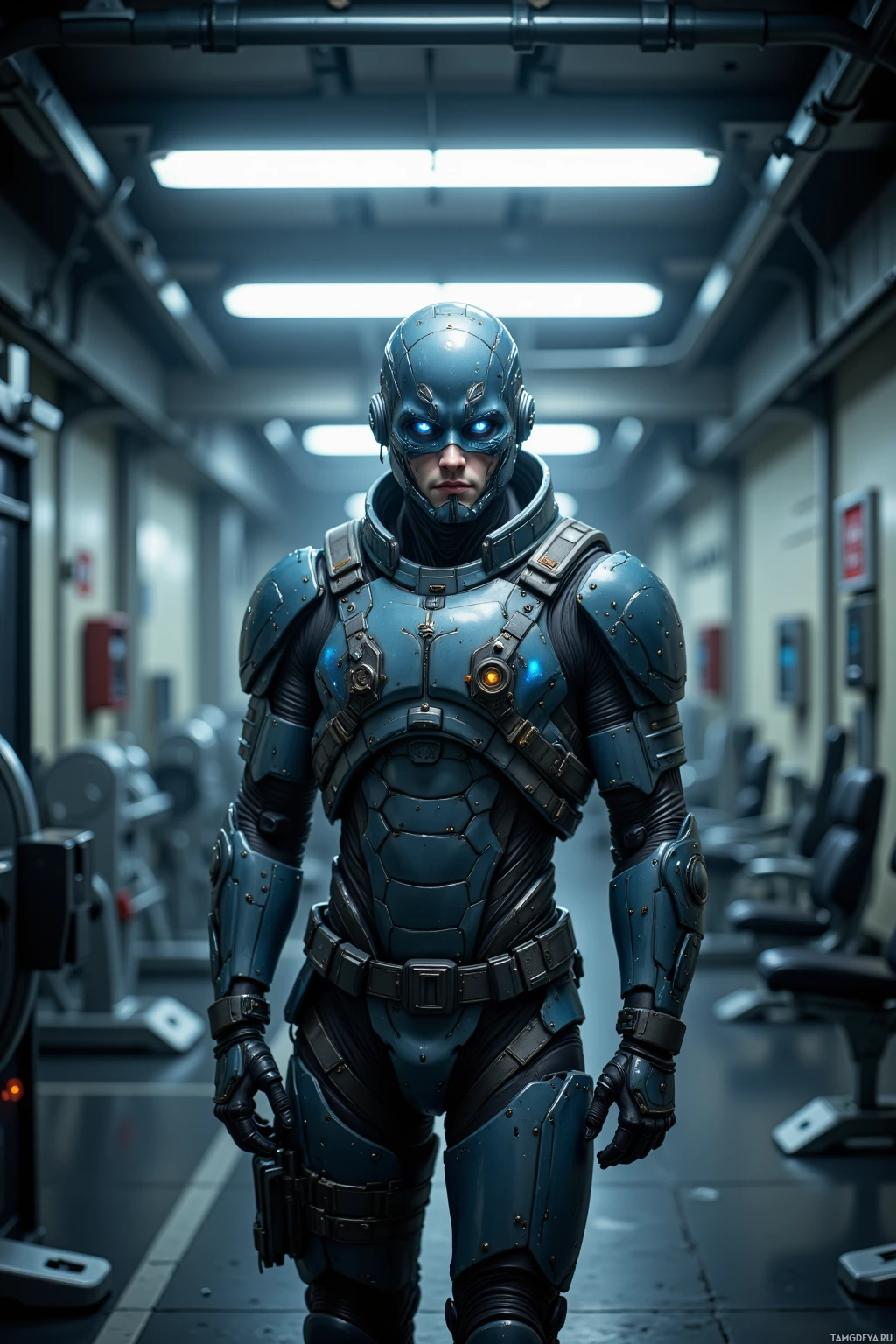 A futuristic armored figure stands in a dimly lit corridor.