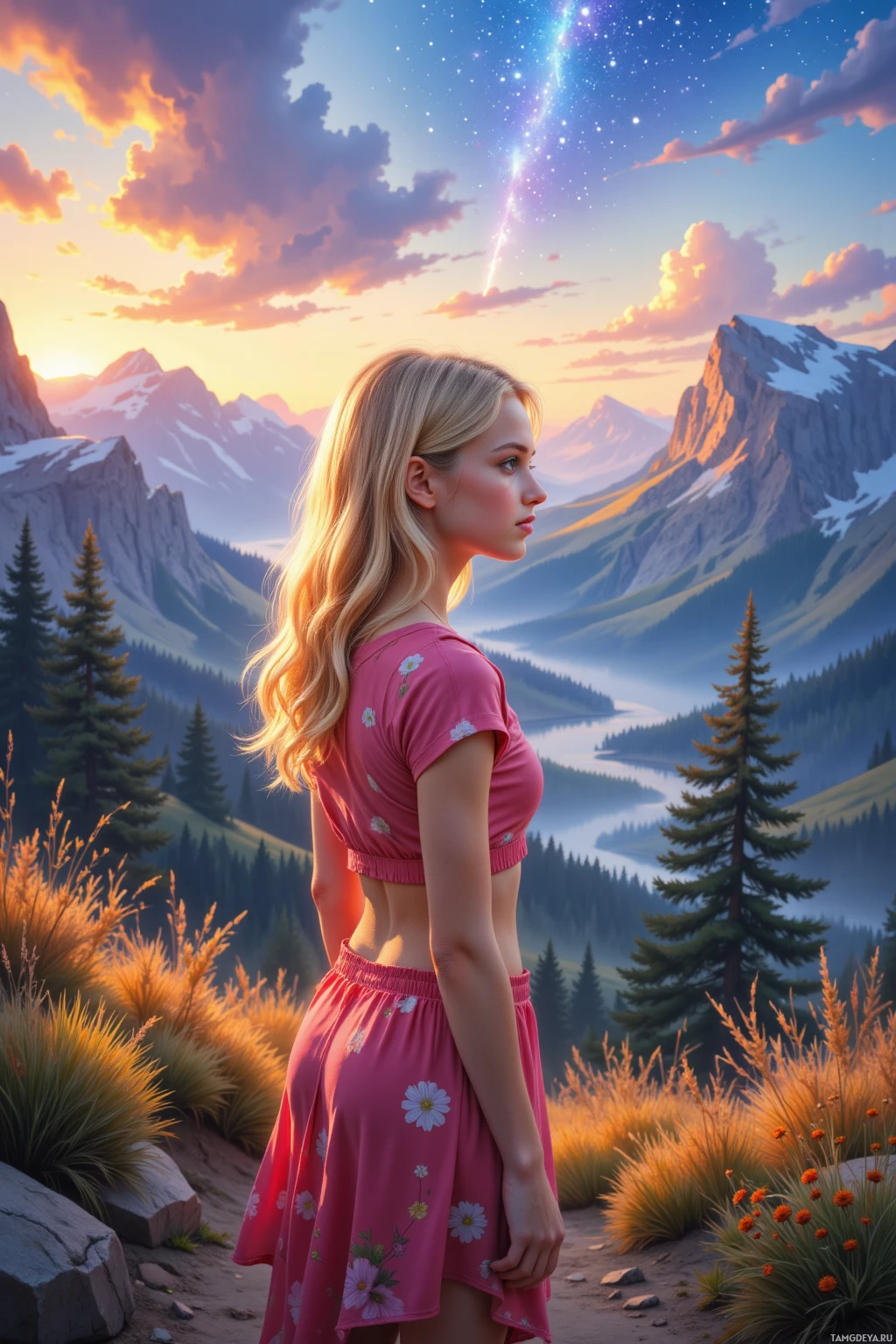 A woman in a pink floral dress stands in a scenic mountain landscape at sunset.