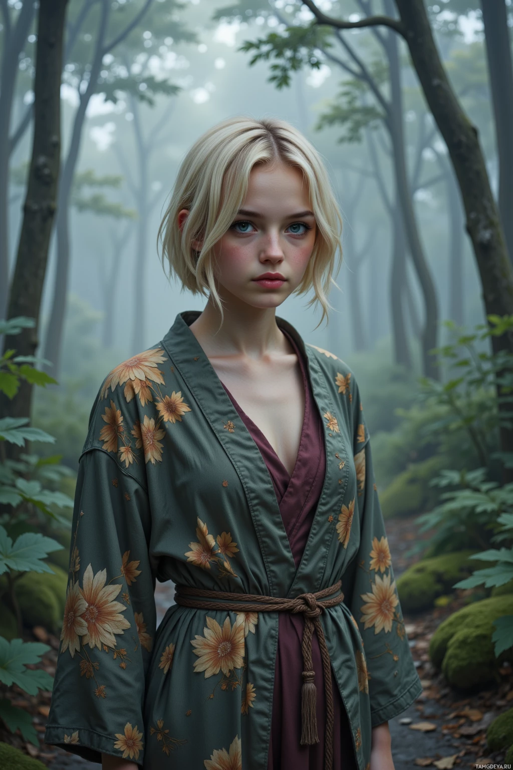 A person in a floral kimono stands in a misty forest.