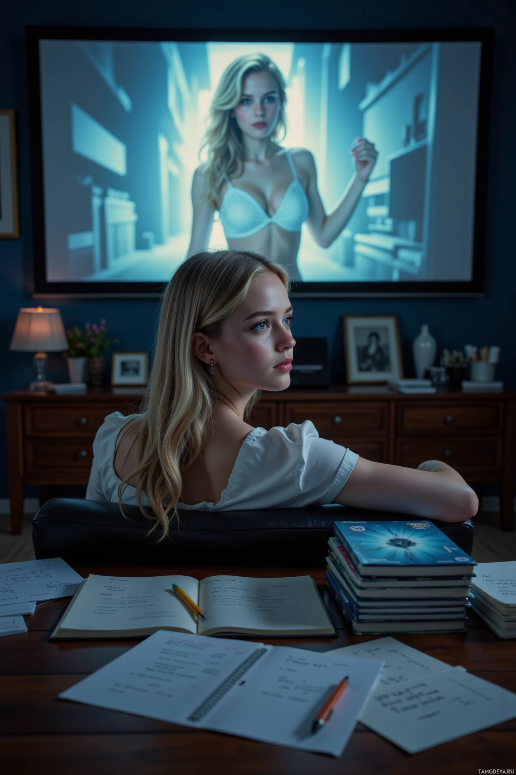 A young woman sits at a desk with books and papers, watching a large screen displaying a person in lingerie.