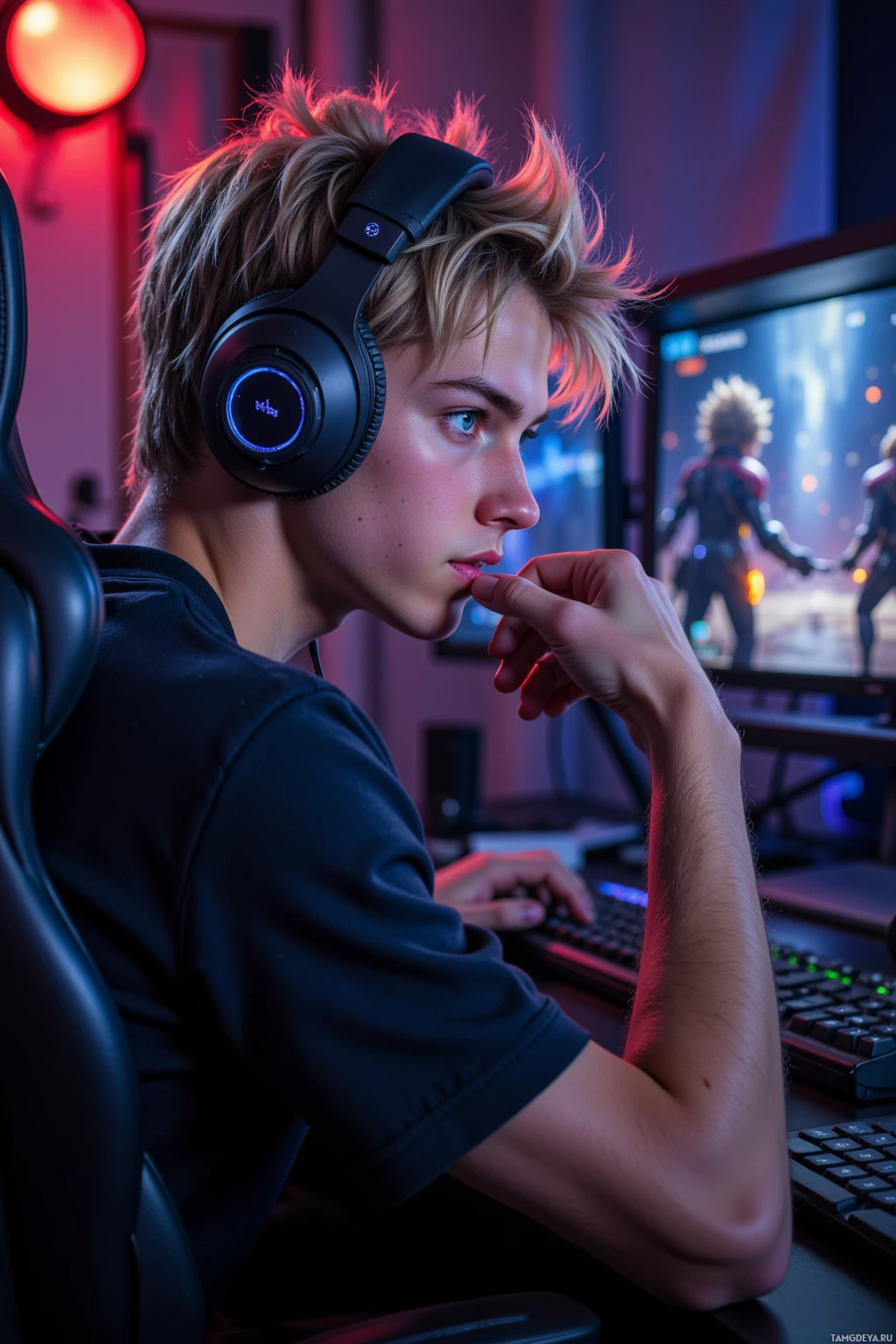 A young person wearing headphones is seated at a computer, focused on the screen.