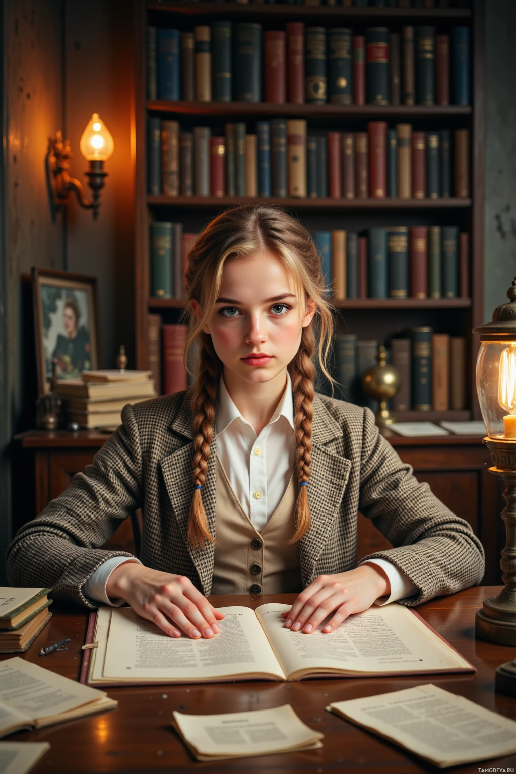 A young woman sits at a desk in a library, surrounded by books, with an open book in front of her.