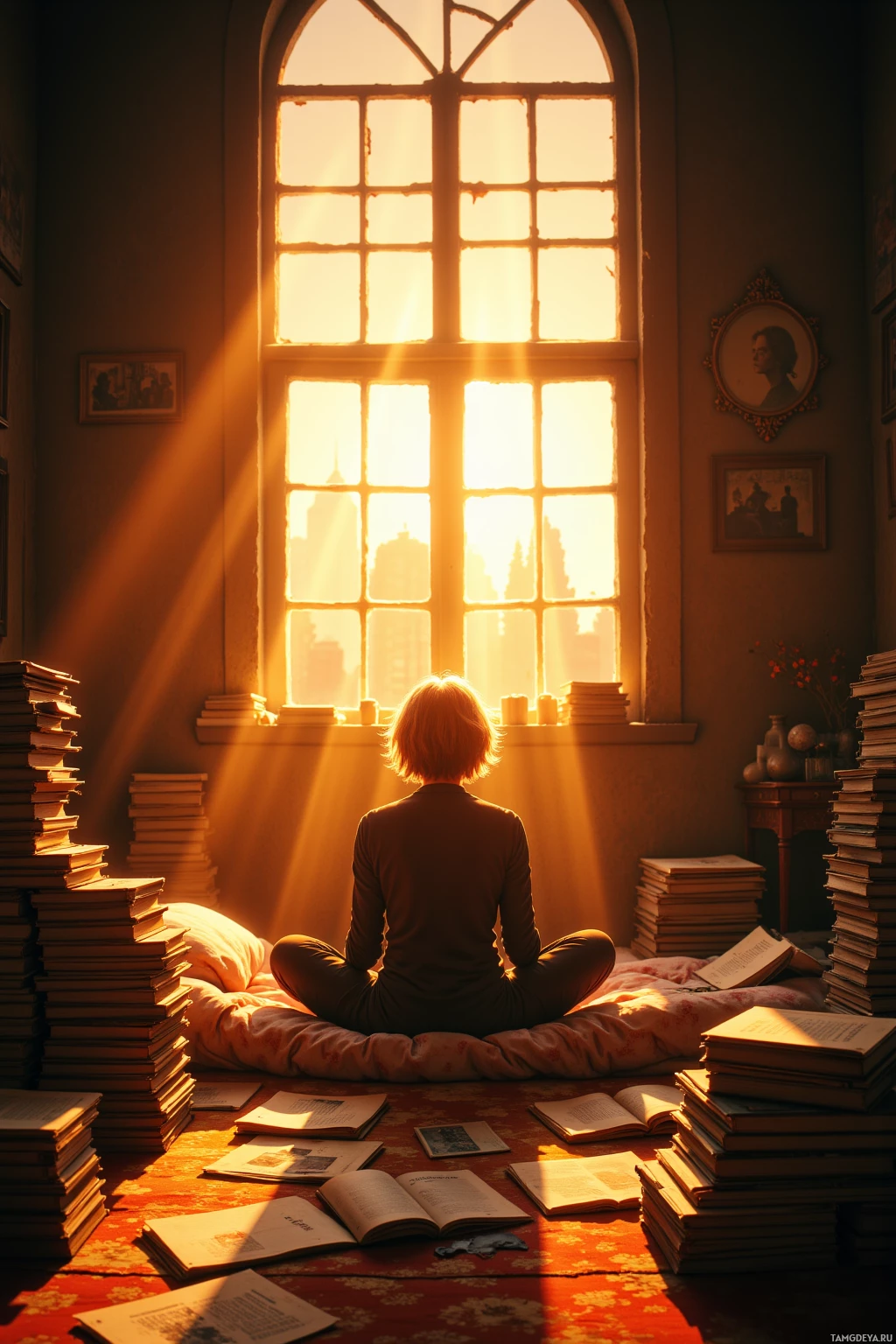 A person sits cross-legged on a bed surrounded by books, bathed in sunlight streaming through a large arched window.