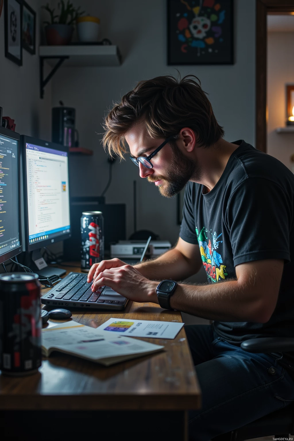 A person is working at a desk with a laptop and multiple monitors, surrounded by office supplies and a can of soda.