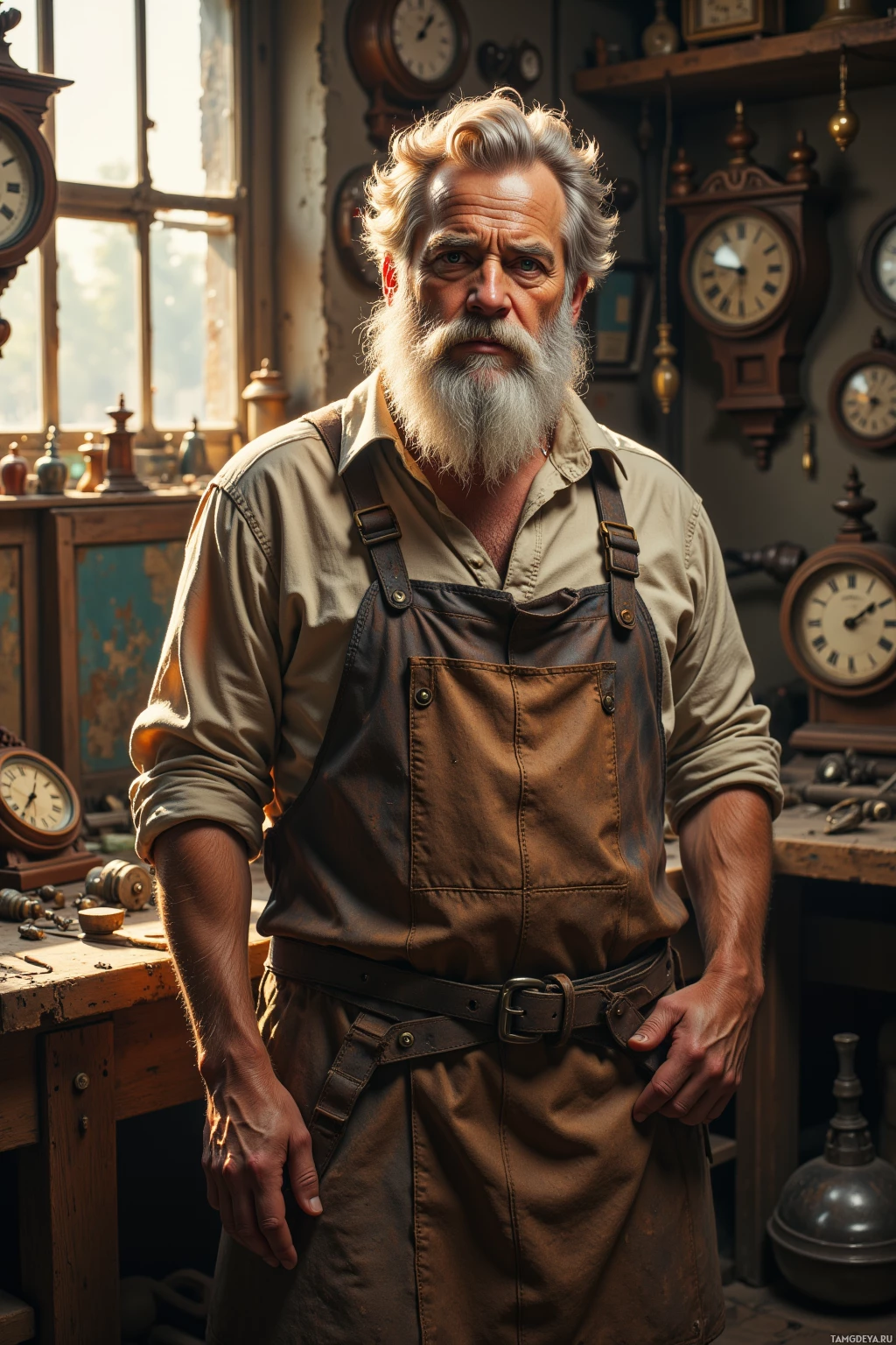 A man with a beard and gray hair stands in a workshop filled with clocks and tools.
