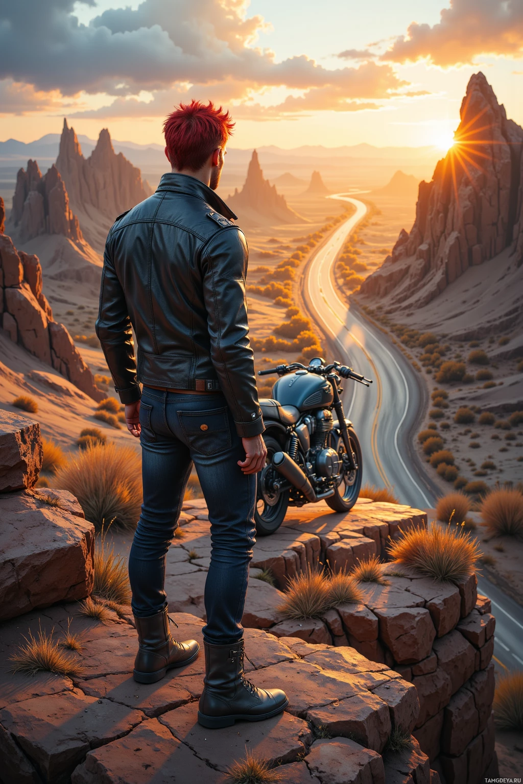 A person in a leather jacket stands on a rocky outcrop overlooking a winding road and rugged landscape at sunset.