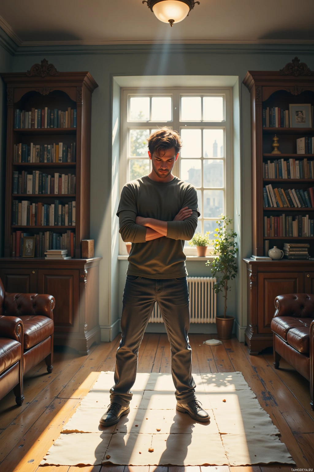 A man stands in a sunlit room with bookshelves, arms crossed, wearing a casual outfit.