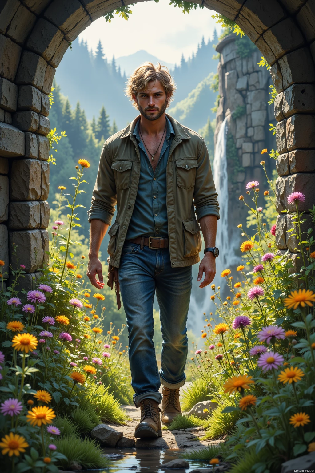 A man in a green jacket and jeans walks through a stone archway surrounded by flowers and a waterfall in the background.