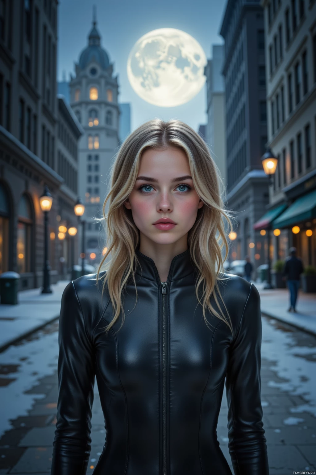 A person in a black leather outfit stands on a city street under a full moon.