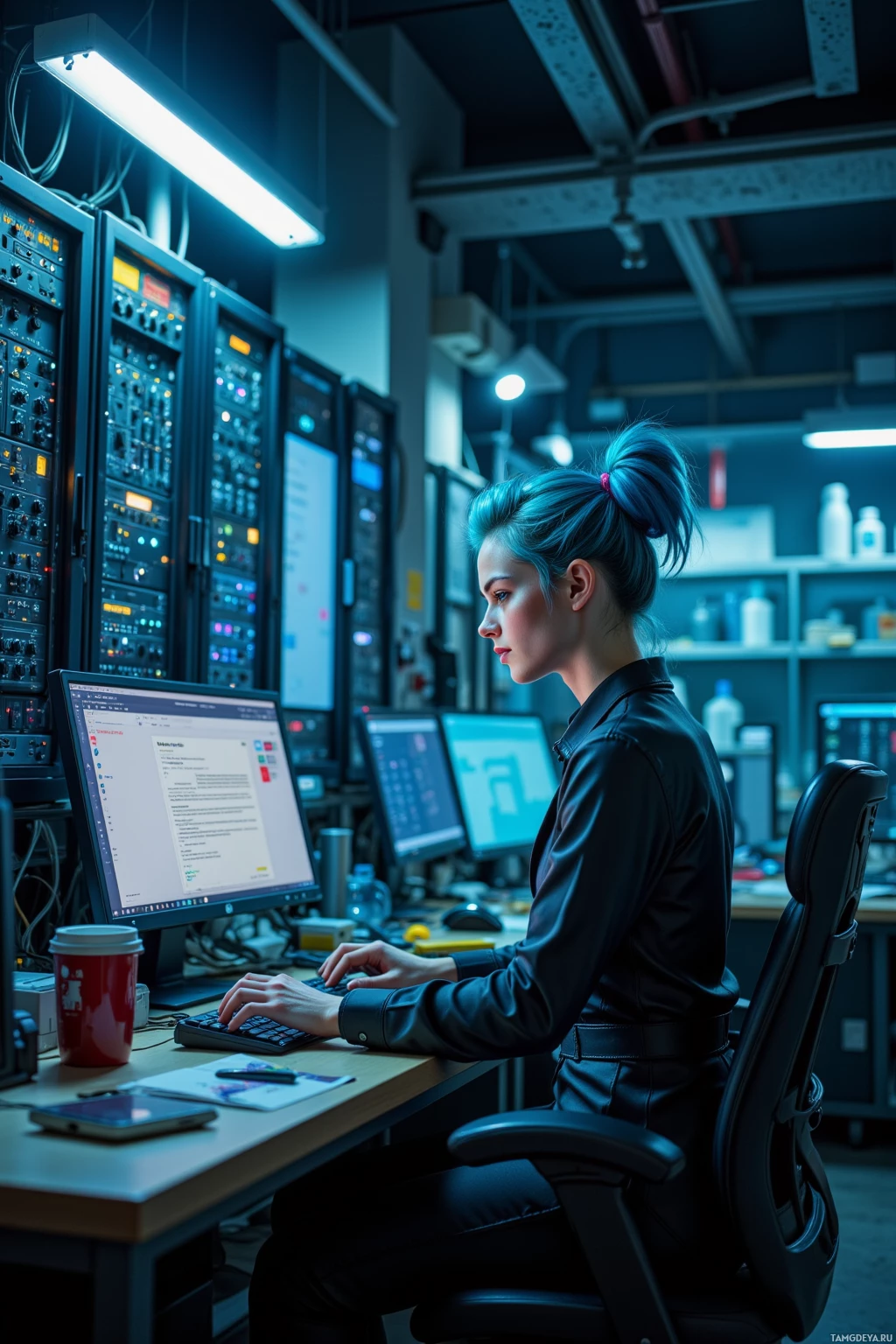 A person with blue hair works at a desk in a dimly lit control room with multiple computer screens and equipment.