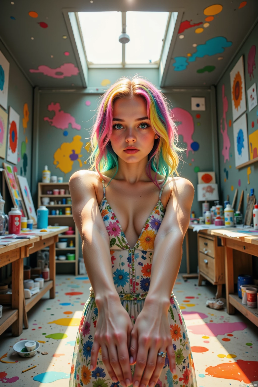 A person with colorful hair stands in a vibrant art studio with splattered paint on the floor and walls.