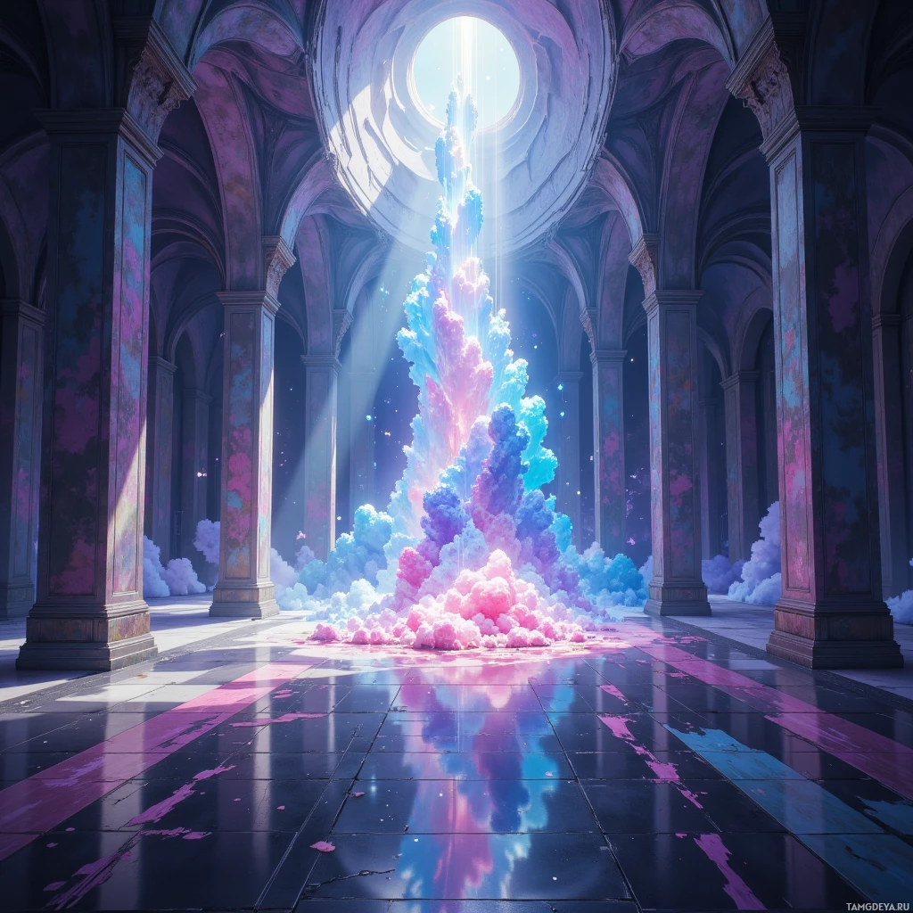 A grand, ornate hall with a glowing, colorful cloud formation descending from the ceiling.