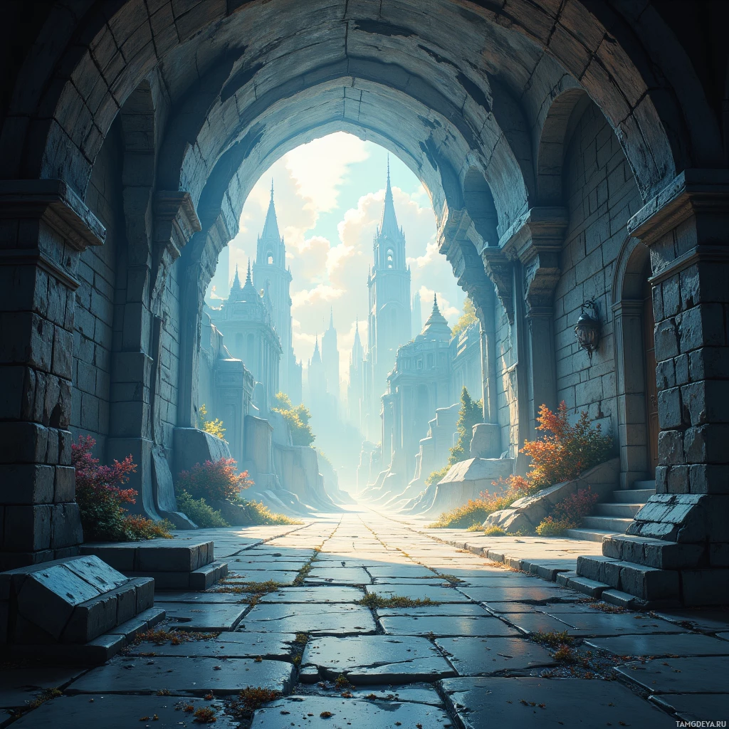 A grand stone archway leads to a sunlit cityscape with towering spires.