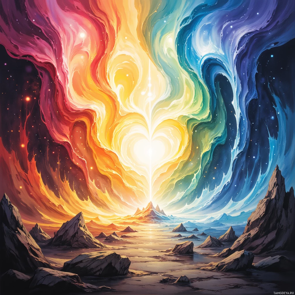 A vibrant, cosmic landscape featuring swirling colors and a heart-shaped light at the center.