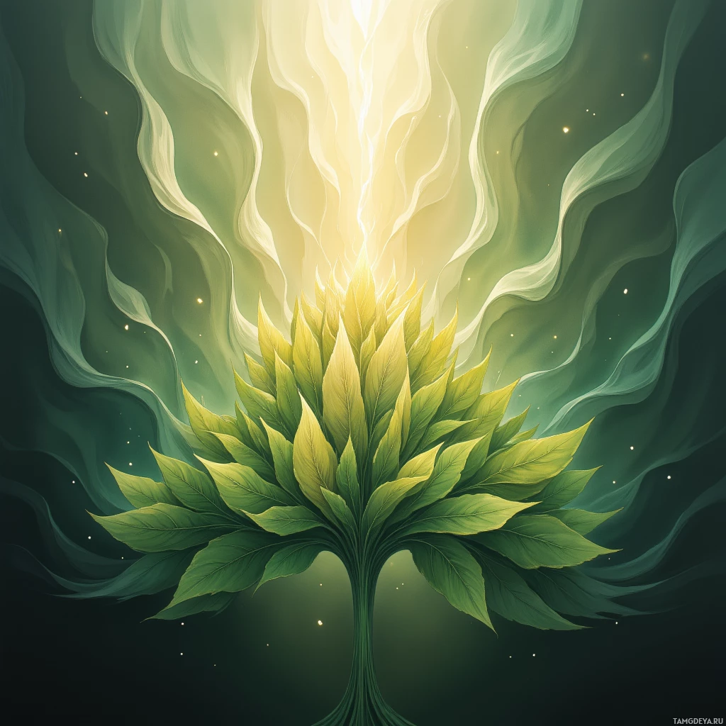 A glowing, ethereal green plant with radiant light emanating from its center against a dark, starry background.