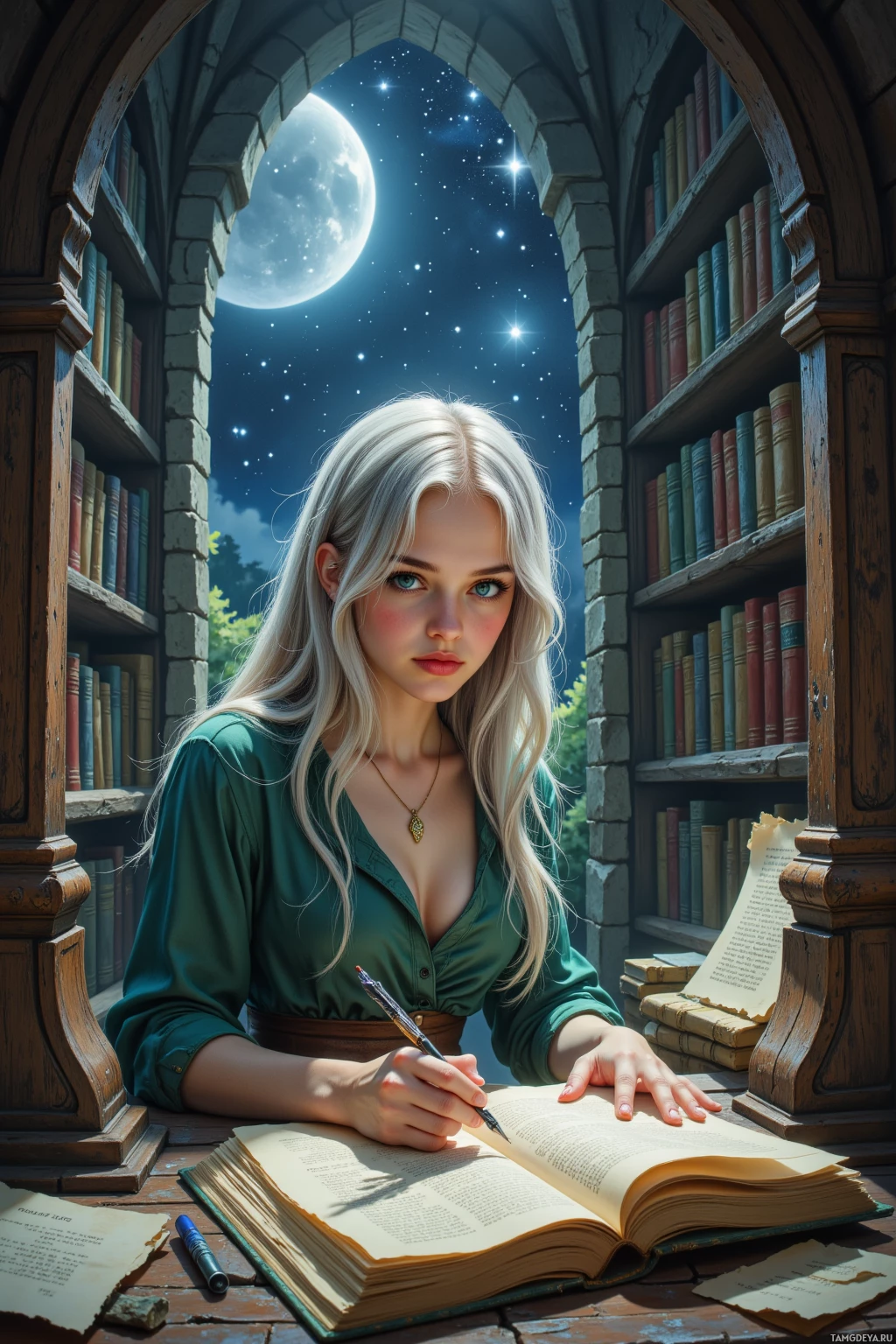 A woman sits at a desk in a library, writing in a book under a night sky with a full moon.