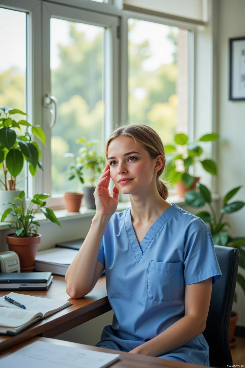 A person in blue scrubs sits at a desk with a window and plants in the background.