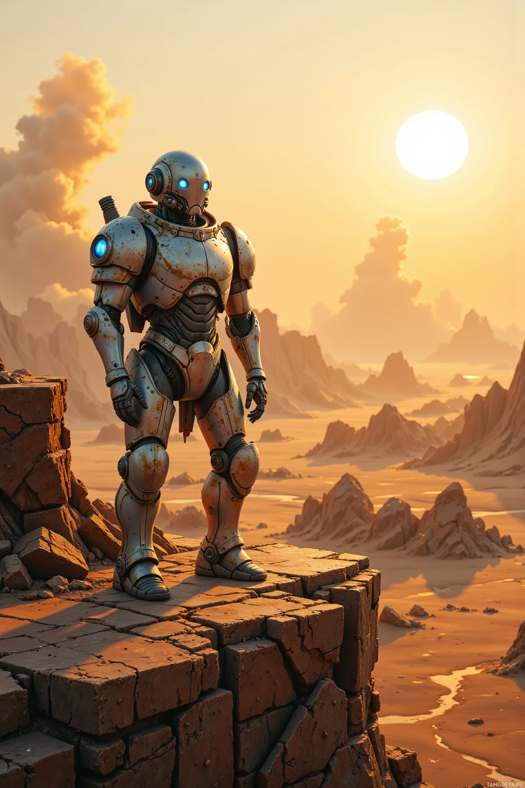 A robot stands on a cracked brick platform overlooking a desert landscape at sunset.