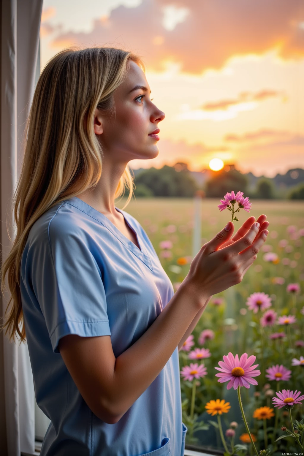 A woman in a blue shirt holds a flower, gazing out of a window at a sunset.