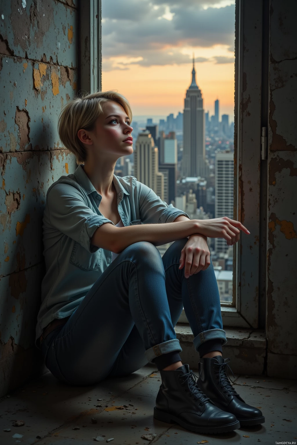 A person sits contemplatively by a window with a cityscape view.