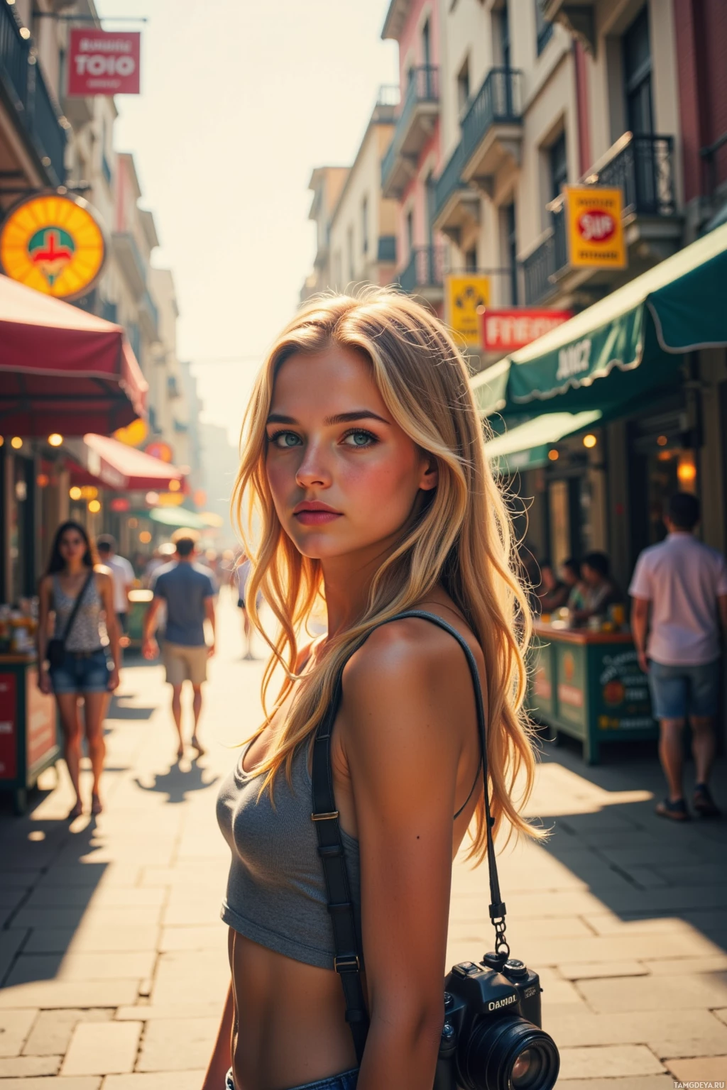 A woman with long blonde hair stands on a sunny street, holding a camera.