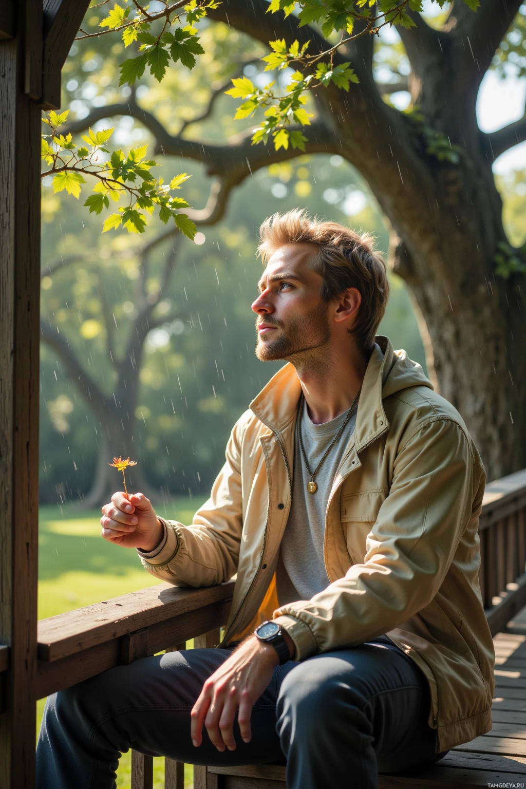 A man sits on a wooden bench under a tree, holding a small flower, with rain falling and sunlight filtering through the leaves.