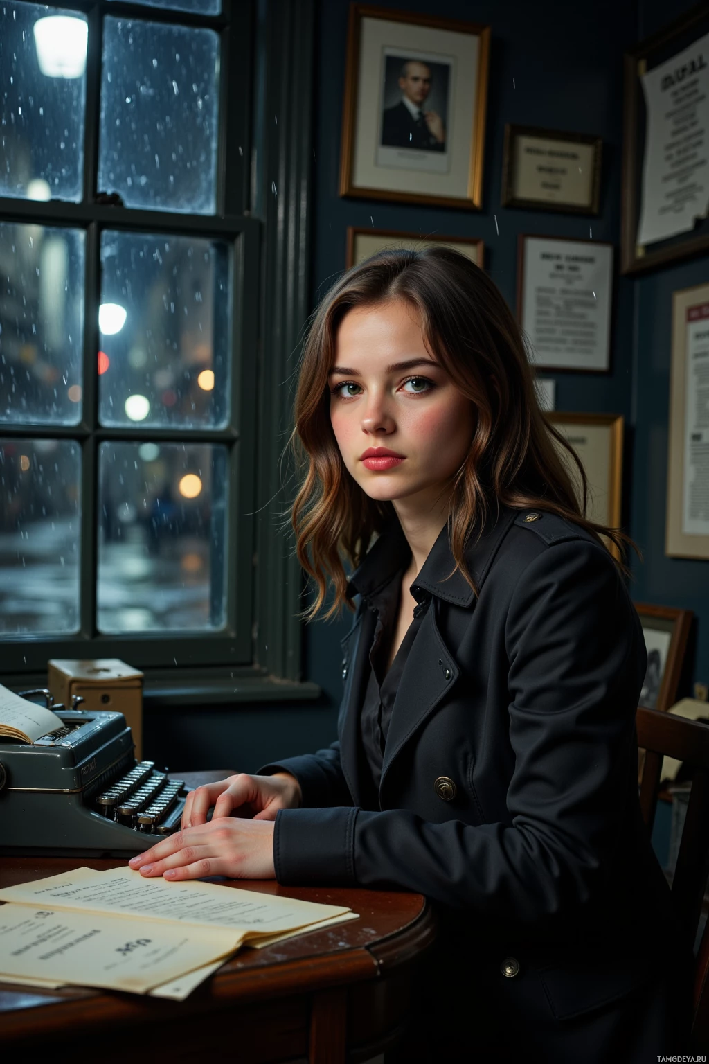 A woman sits at a desk with a typewriter, looking out a window at a rainy night.