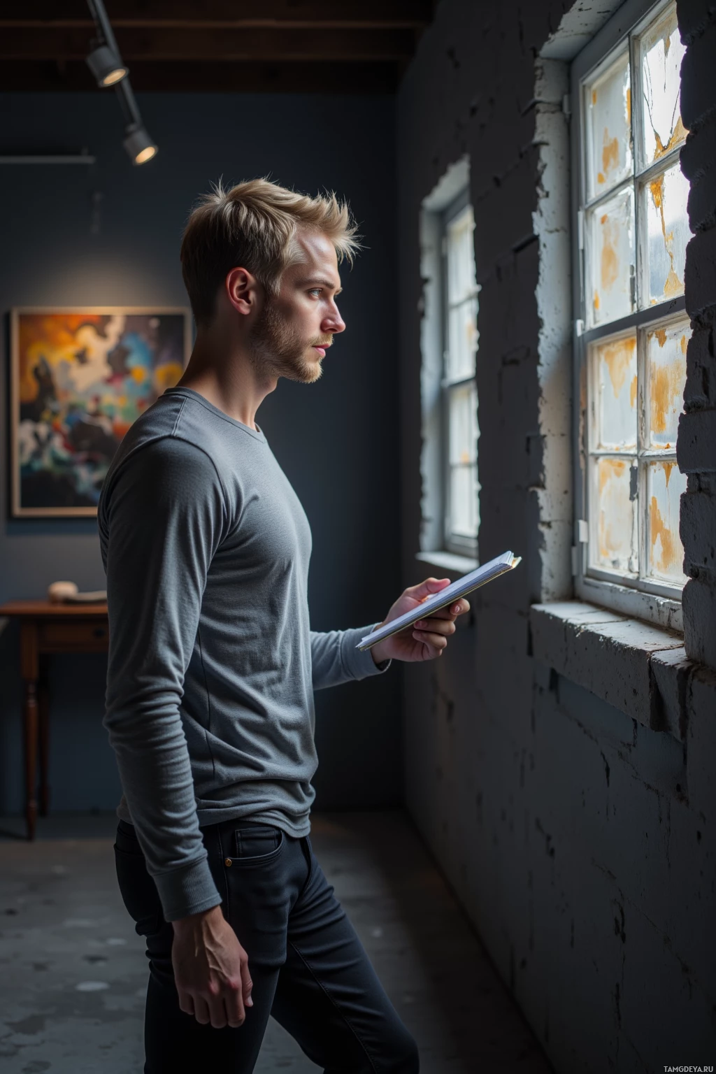 A man in a gray shirt stands by a window, holding a book.