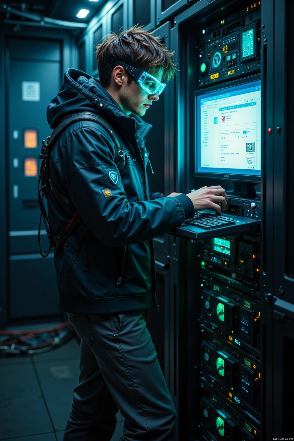 A person in a dark jacket and glasses works on a server in a dimly lit room.