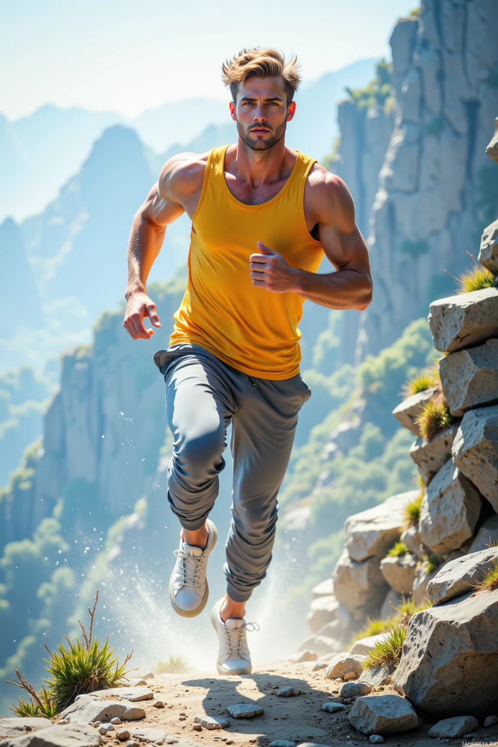 A muscular man in a yellow tank top and gray pants runs on a rocky trail with mountains in the background.