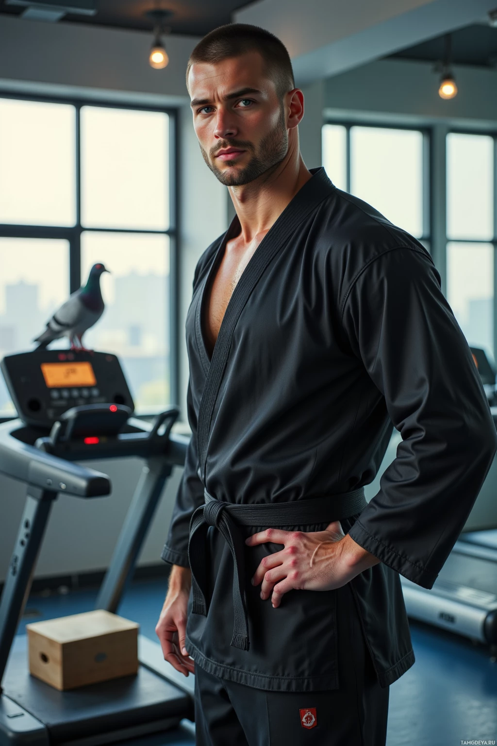 A man in a black martial arts uniform stands in a gym.