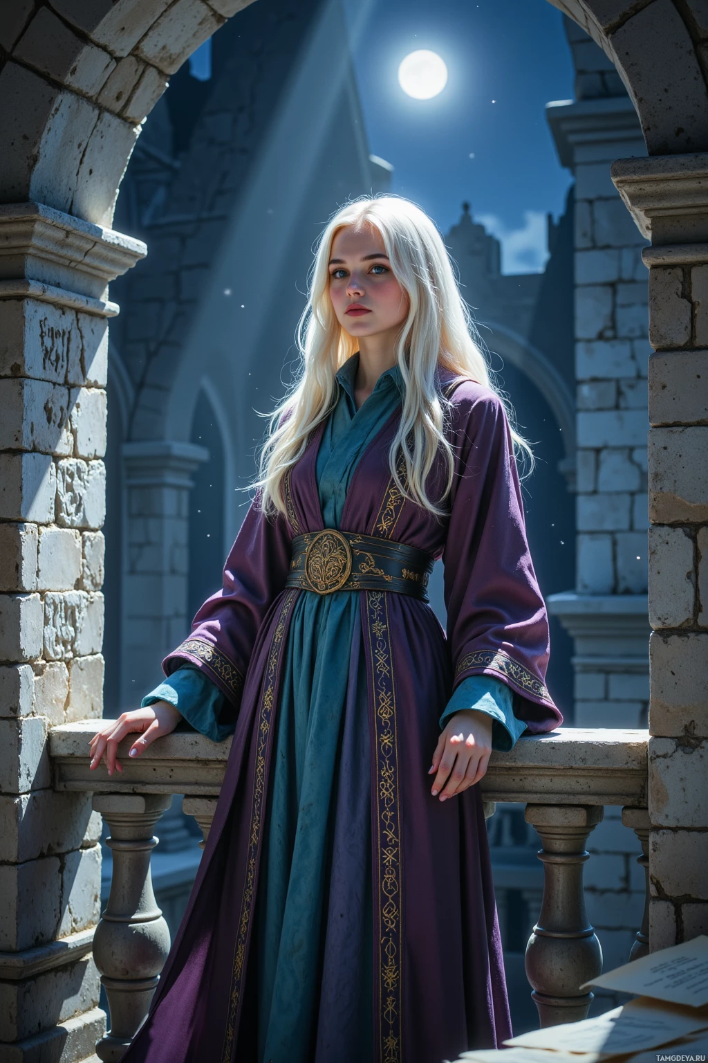 A person in a medieval-style robe stands on a stone balcony under a bright sun.