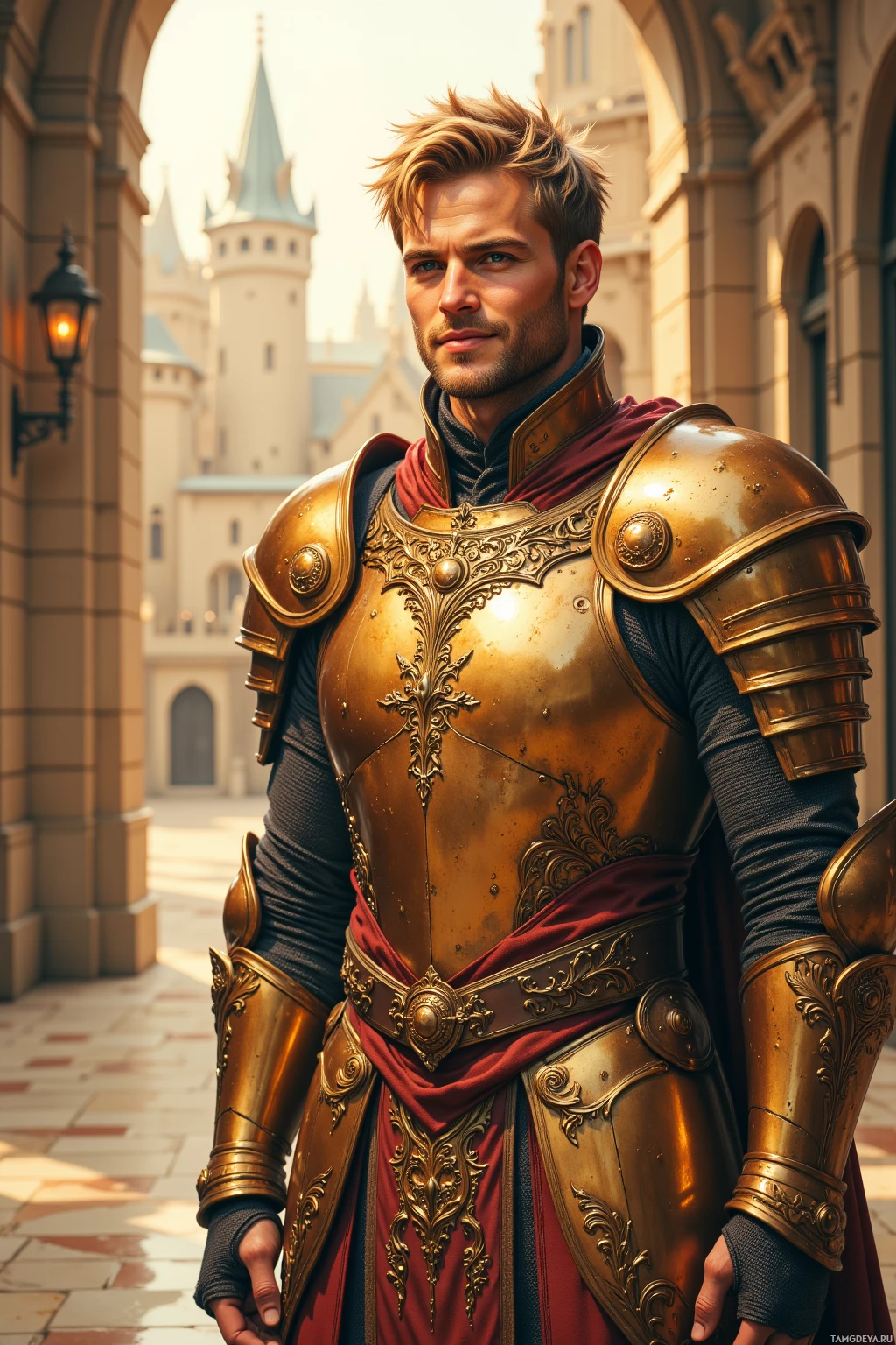 A knight in ornate golden armor stands in front of a castle.
