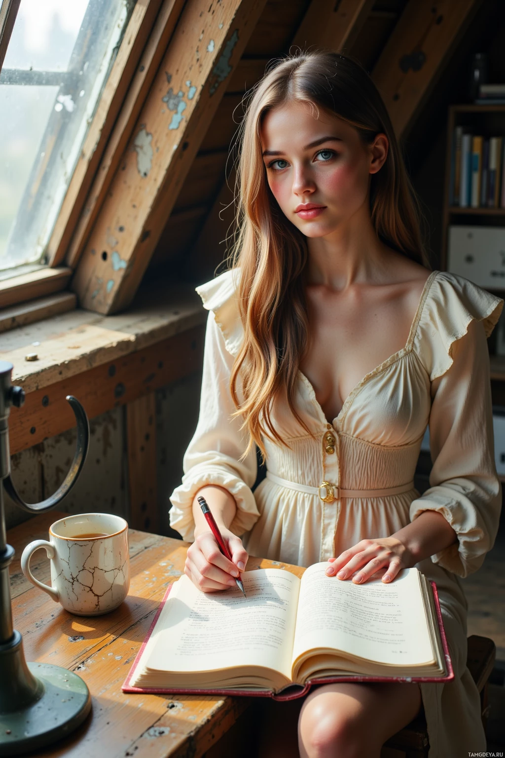 A young woman in a cream dress sits at a wooden desk, writing in a book with a red pen while a mug of tea rests nearby.