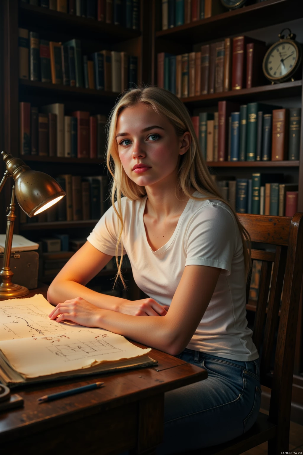 A young woman sits at a desk in a library, surrounded by books, with a lamp illuminating a drawing on the table.