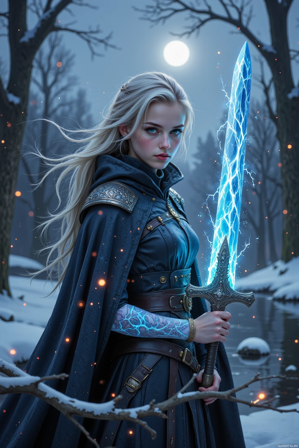 A woman in a dark cloak holds a glowing blue sword in a snowy forest at night.