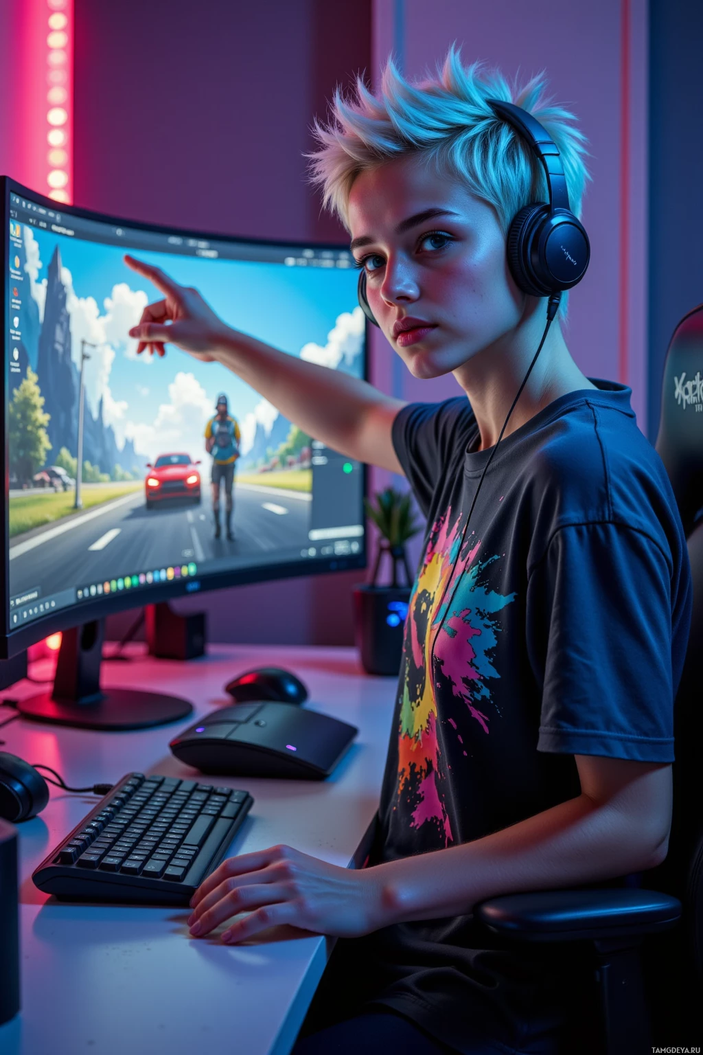 A person wearing headphones sits at a desk with a computer, pointing at the screen.