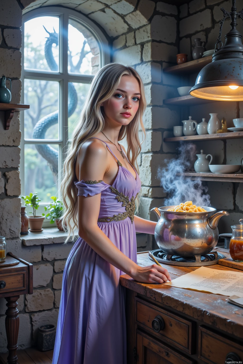 A woman in a purple dress stands in a rustic kitchen, holding a steaming pot.