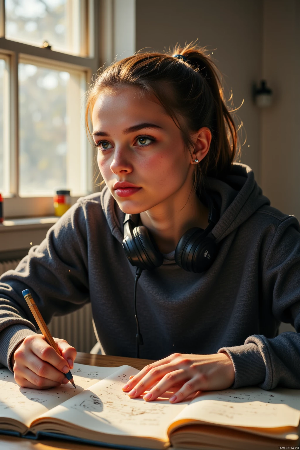 A young person wearing a hoodie and headphones is writing in a notebook at a desk.