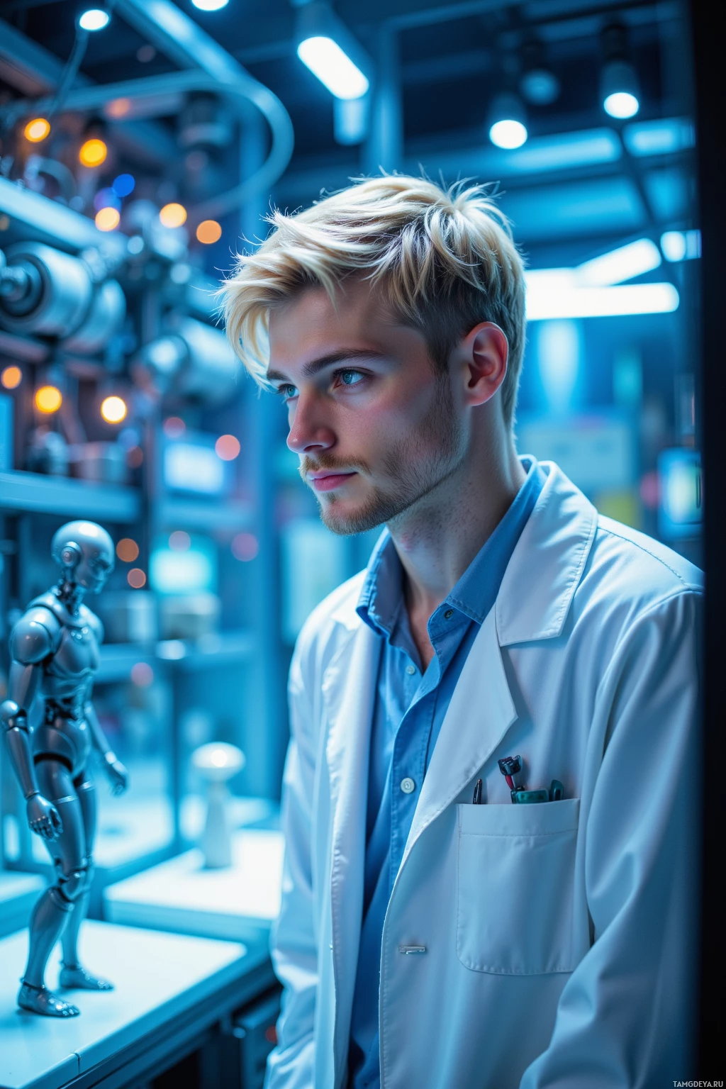 A man in a lab coat stands in a futuristic setting with a robot figure in the background.
