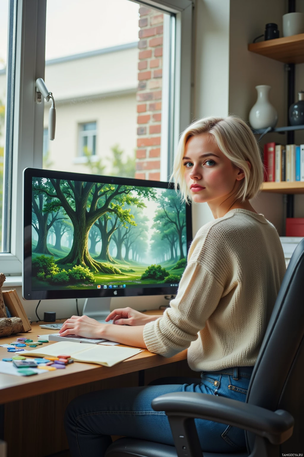 A person sits at a desk with a computer displaying a forest scene, surrounded by books and art supplies.