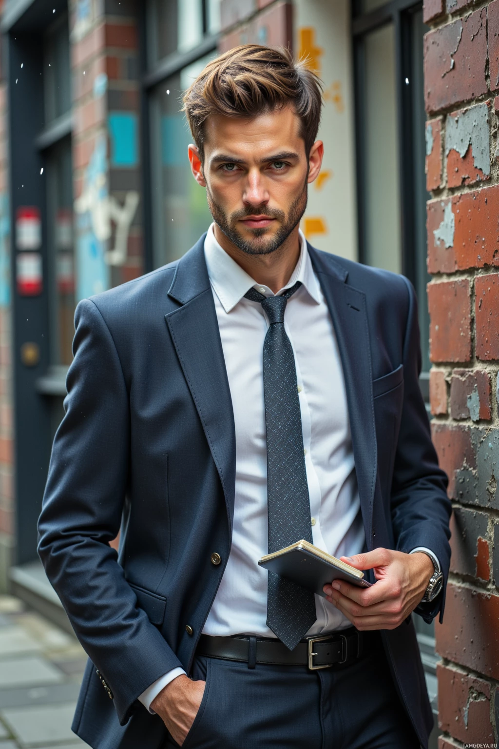 A man in a suit and tie stands against a brick wall, holding a small notebook.