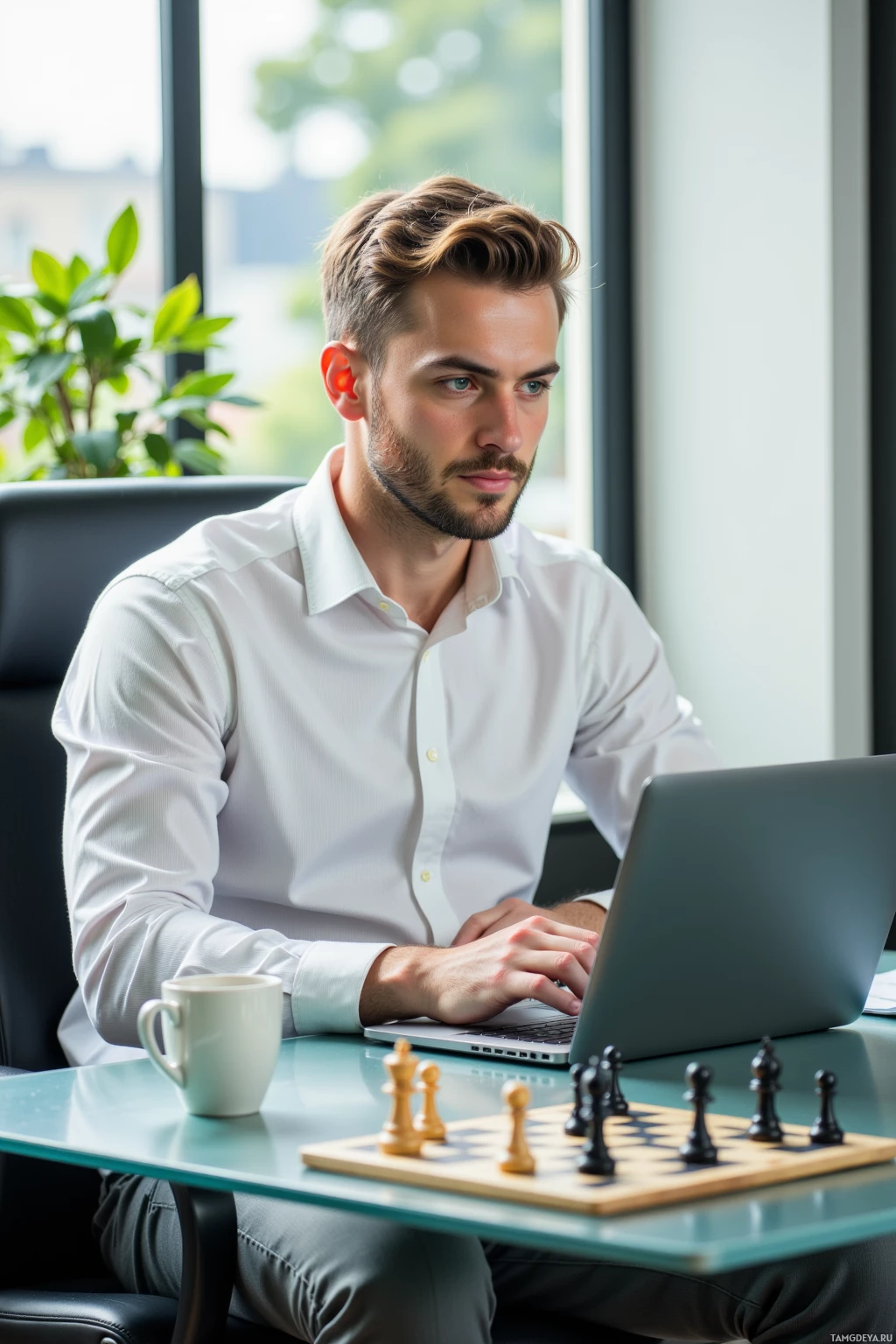 A man in a white shirt sits at a desk with a laptop, a chessboard, and a coffee mug.