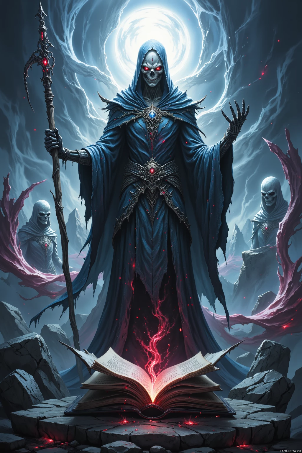 A dark, hooded figure stands before an open book, surrounded by skeletal figures and glowing red energy.