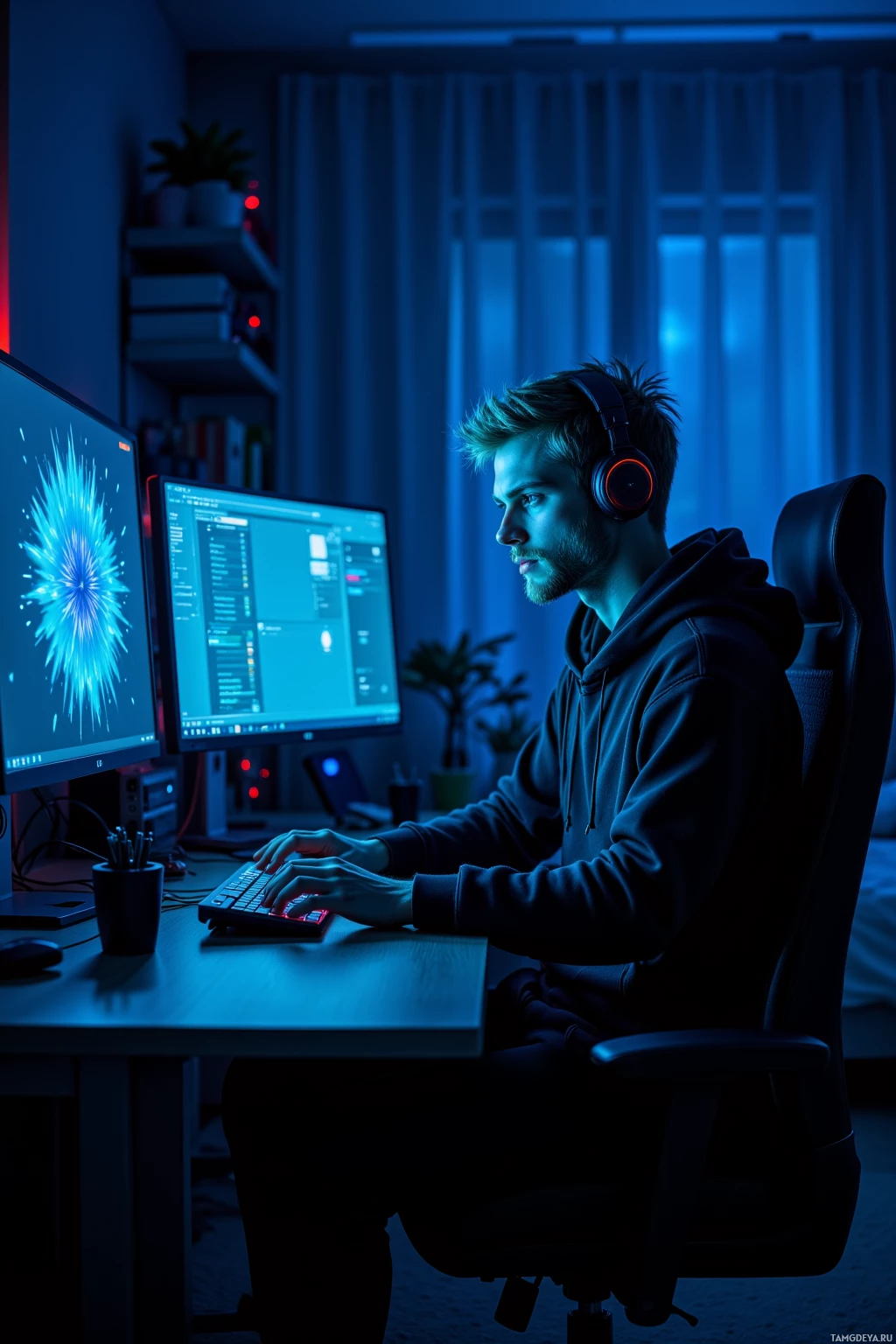 A person wearing headphones works at a desk with two computer monitors in a dimly lit room.