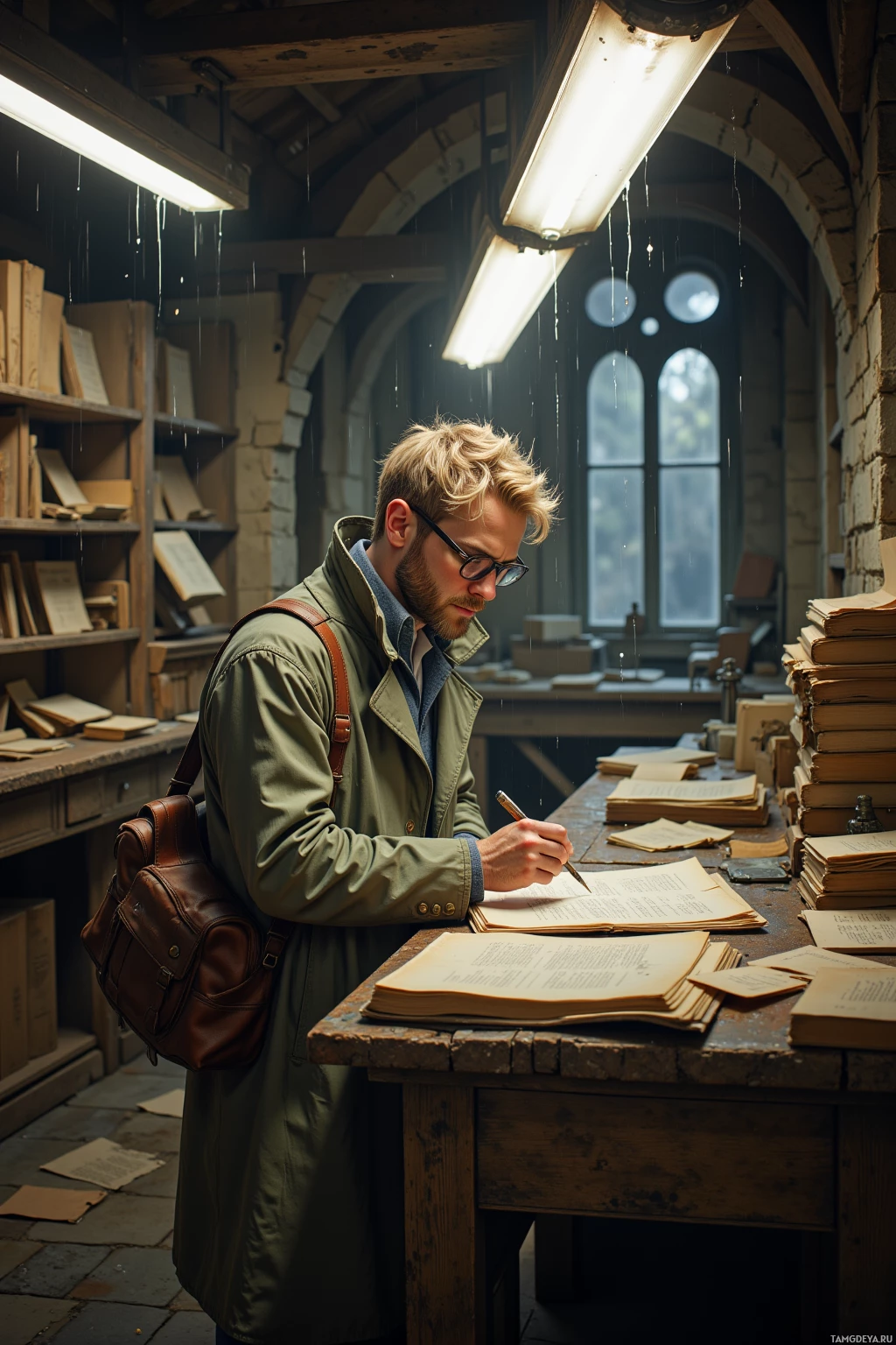 A man in a coat and glasses is writing in a dimly lit room with bookshelves and a window.