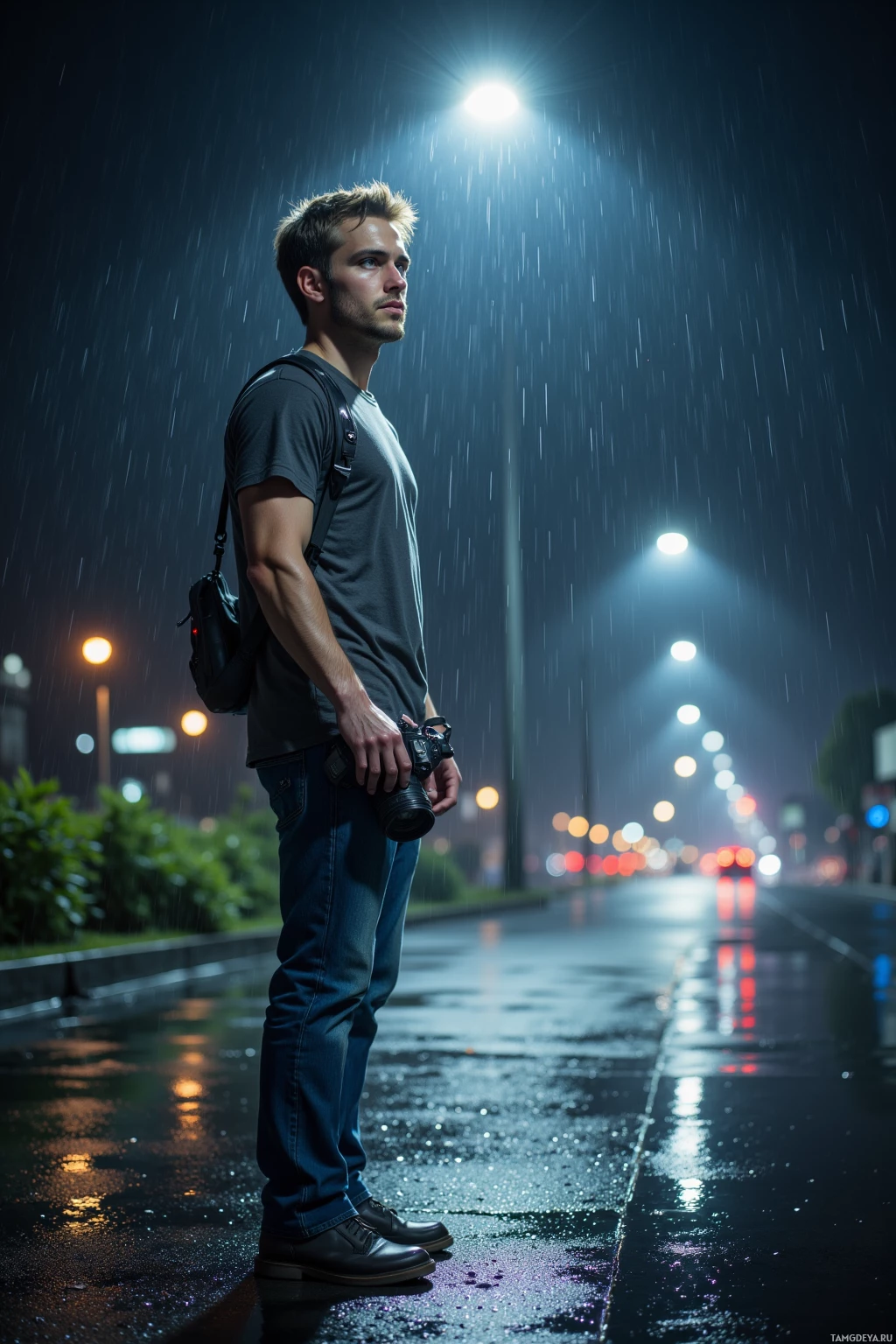 A man stands on a wet street at night, holding a camera, under a streetlamp.