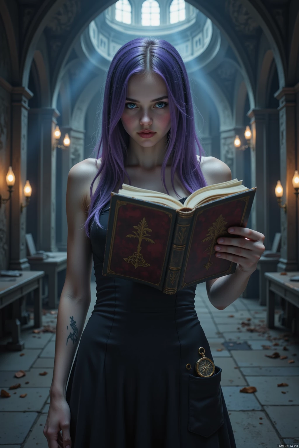 A woman with purple hair stands in a grand, dimly lit hall, holding an open book.