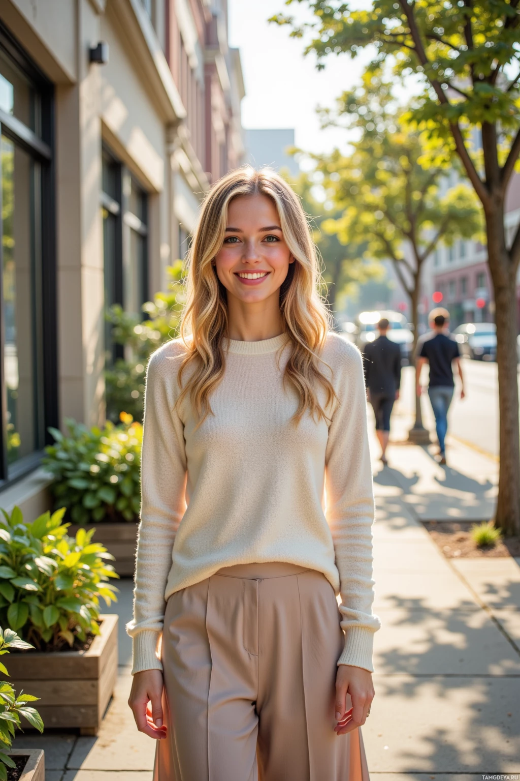 A woman stands on a sidewalk in a city, smiling at the camera.
