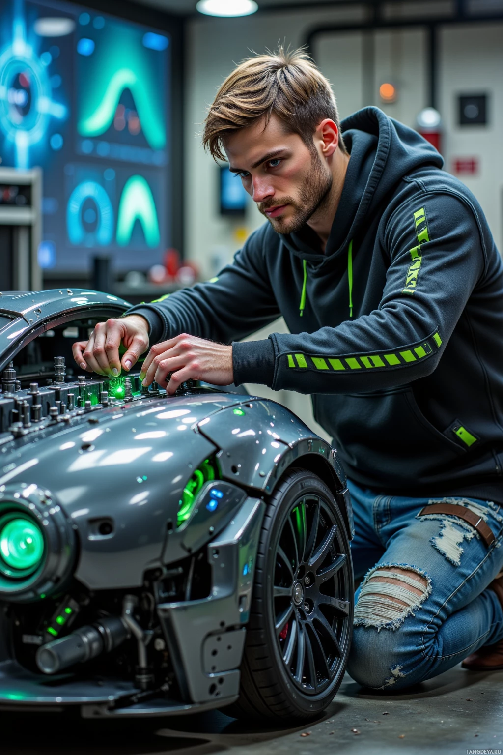 A person in a hoodie is working on a futuristic vehicle in a tech lab.